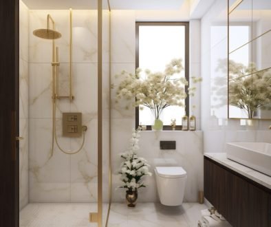 Modern bathroom with luxurious decor and natural elements.