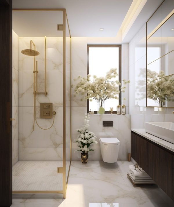 Modern bathroom with luxurious decor and natural elements.