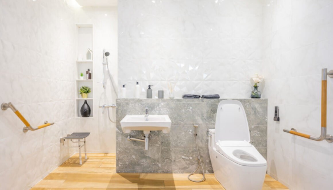 Modern accessible bathroom with shower and toilet.