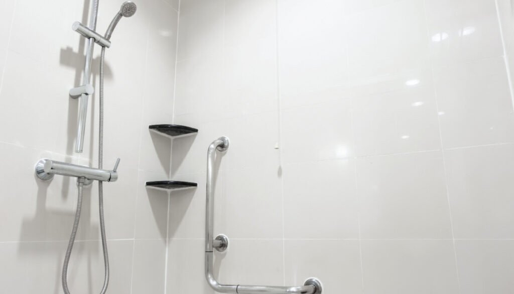 Modern shower with grab bars and shelves.