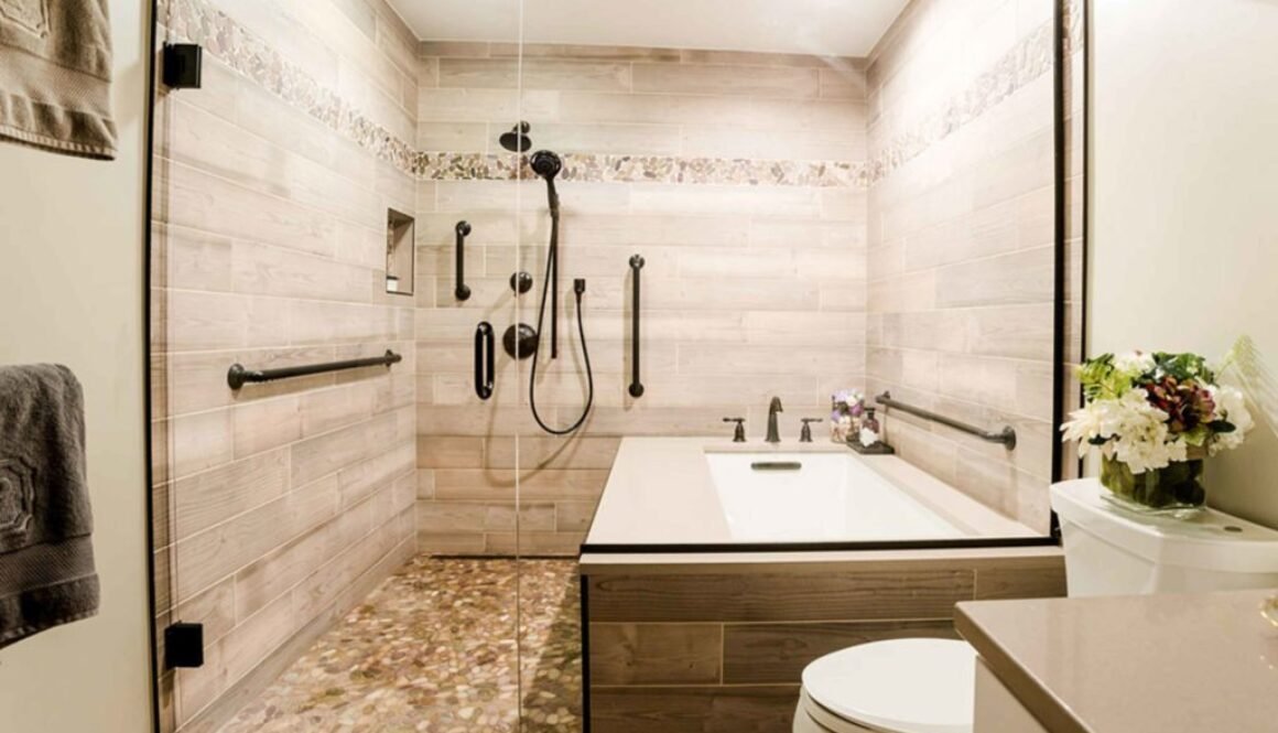 Stylish bathroom with modern fixtures and shower.