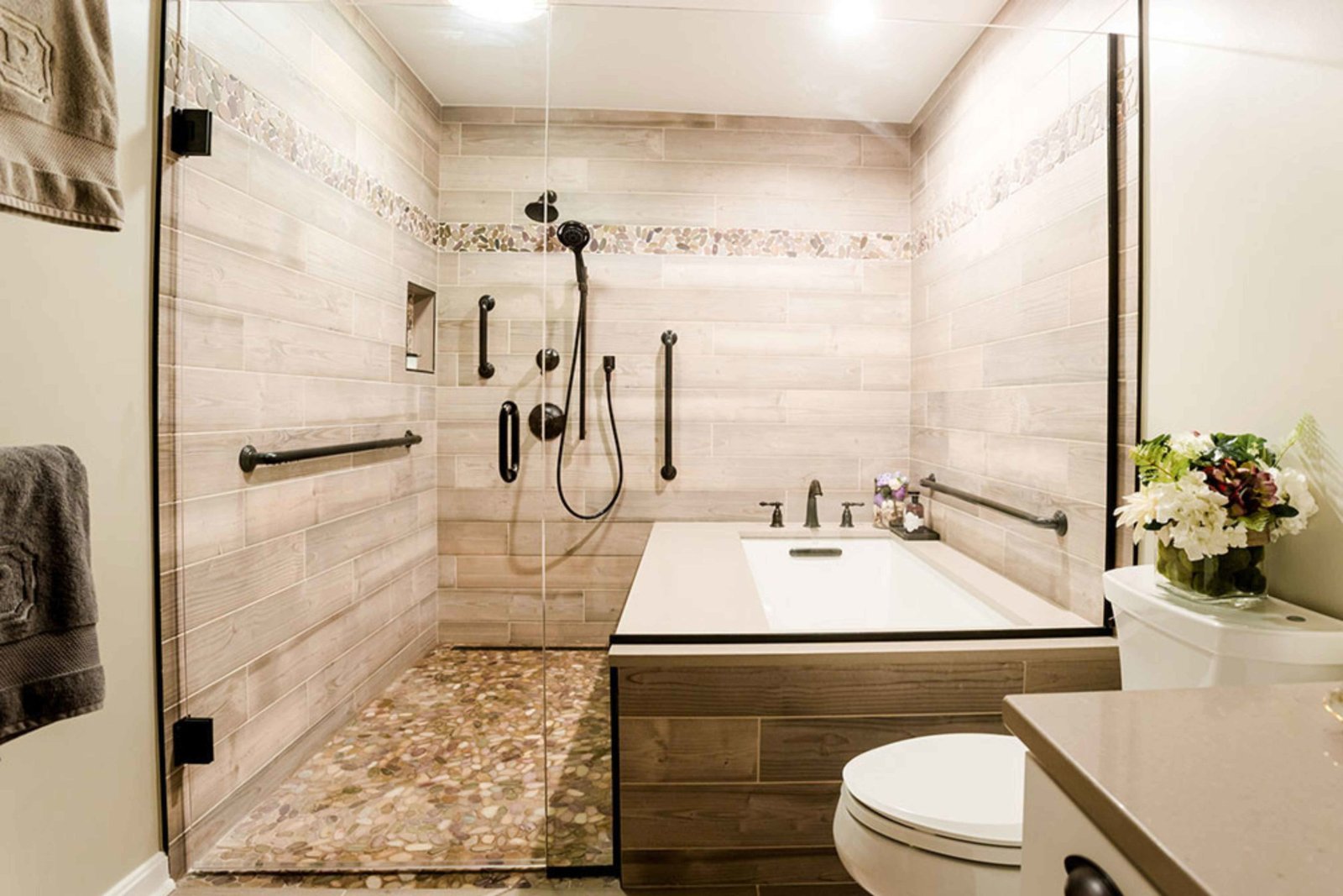 Stylish bathroom with modern fixtures and shower.