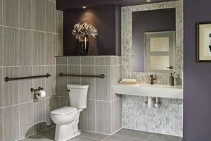 Modern bathroom with gray tiles and stylish decor.