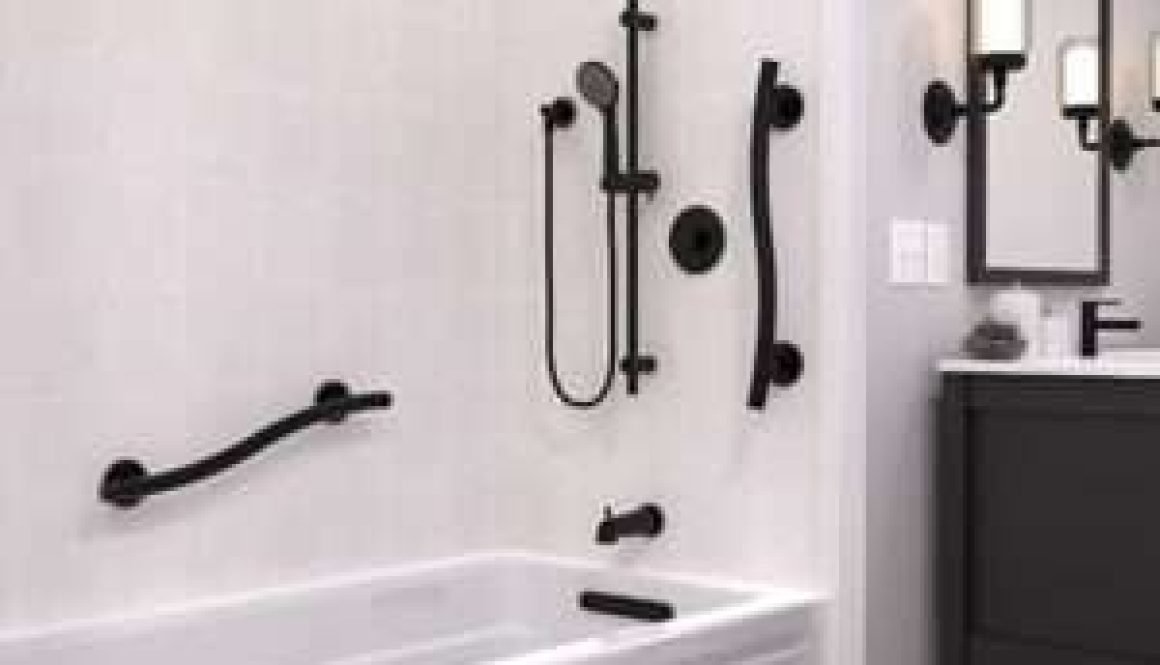 Stylish bathroom with modern black fixtures.