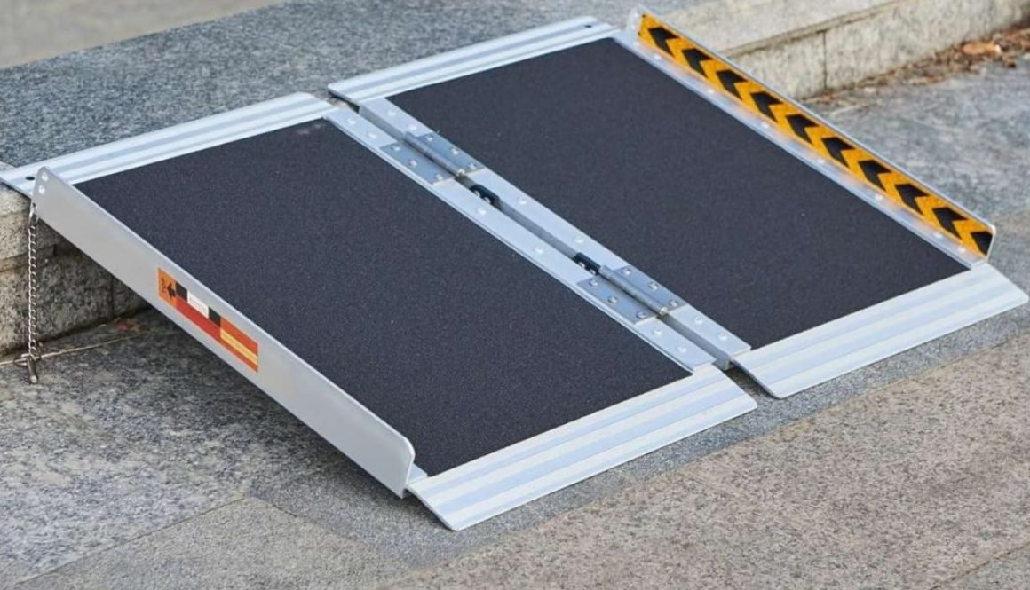 Portable ramp for wheelchair accessibility over steps.