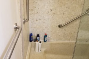Accessible shower area with personal care products.