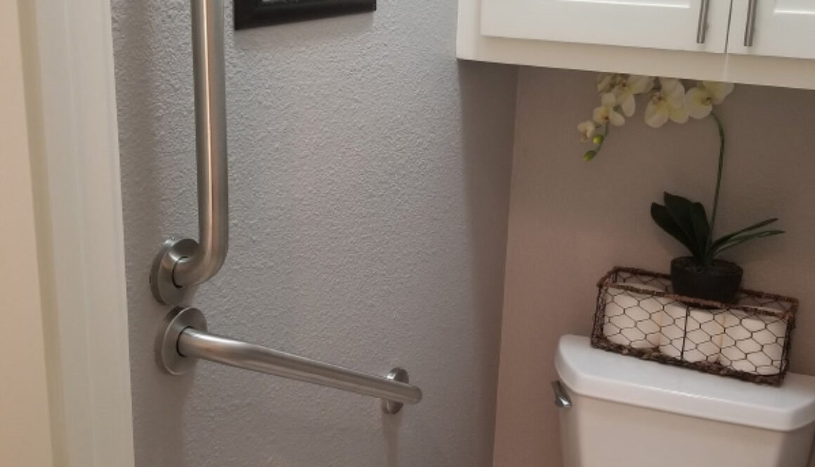 Accessible bathroom with grab bars and decorative elements.