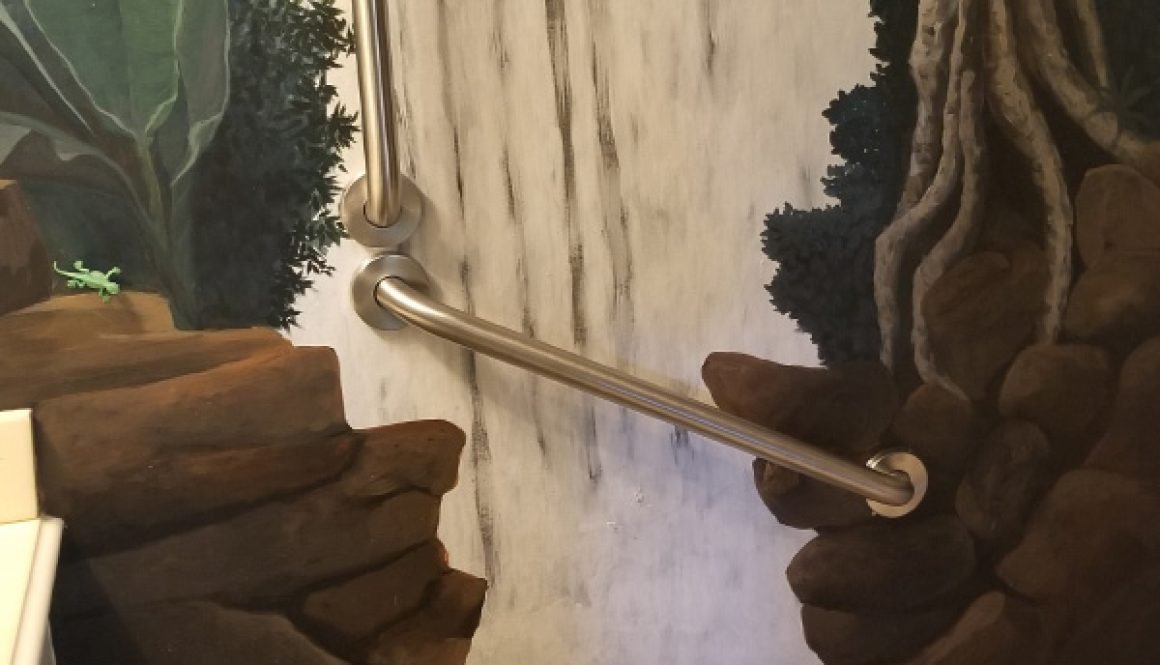 Bathroom with waterfall mural and grab bar.